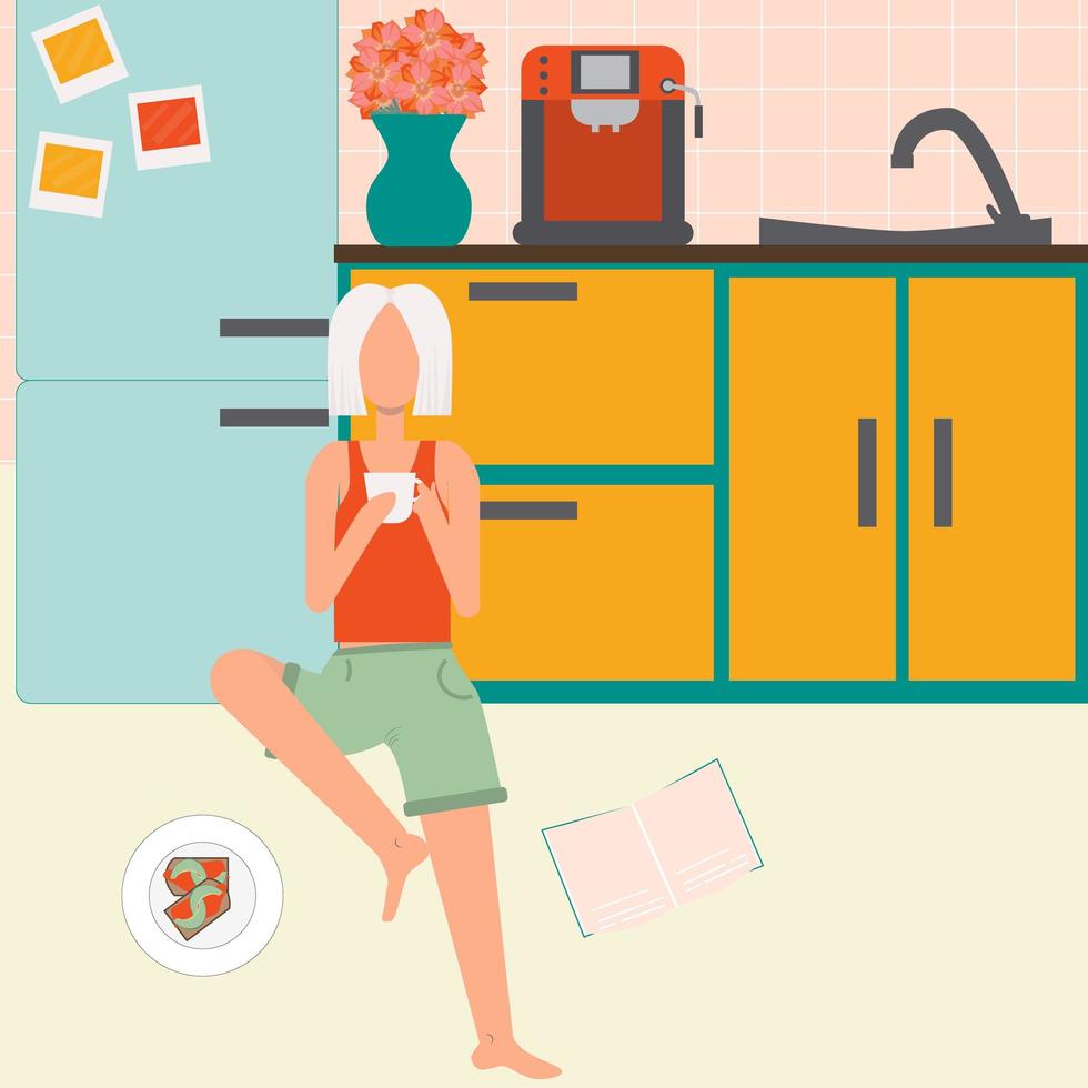 bionda bella ragazza seduta sul pavimento della cucina, bere caffè e fare colazione. illustrazione in stile piatto. cucina, vasellame, stoviglie, cucina, cibo, panetteria, occupazione, stile di vita vettore