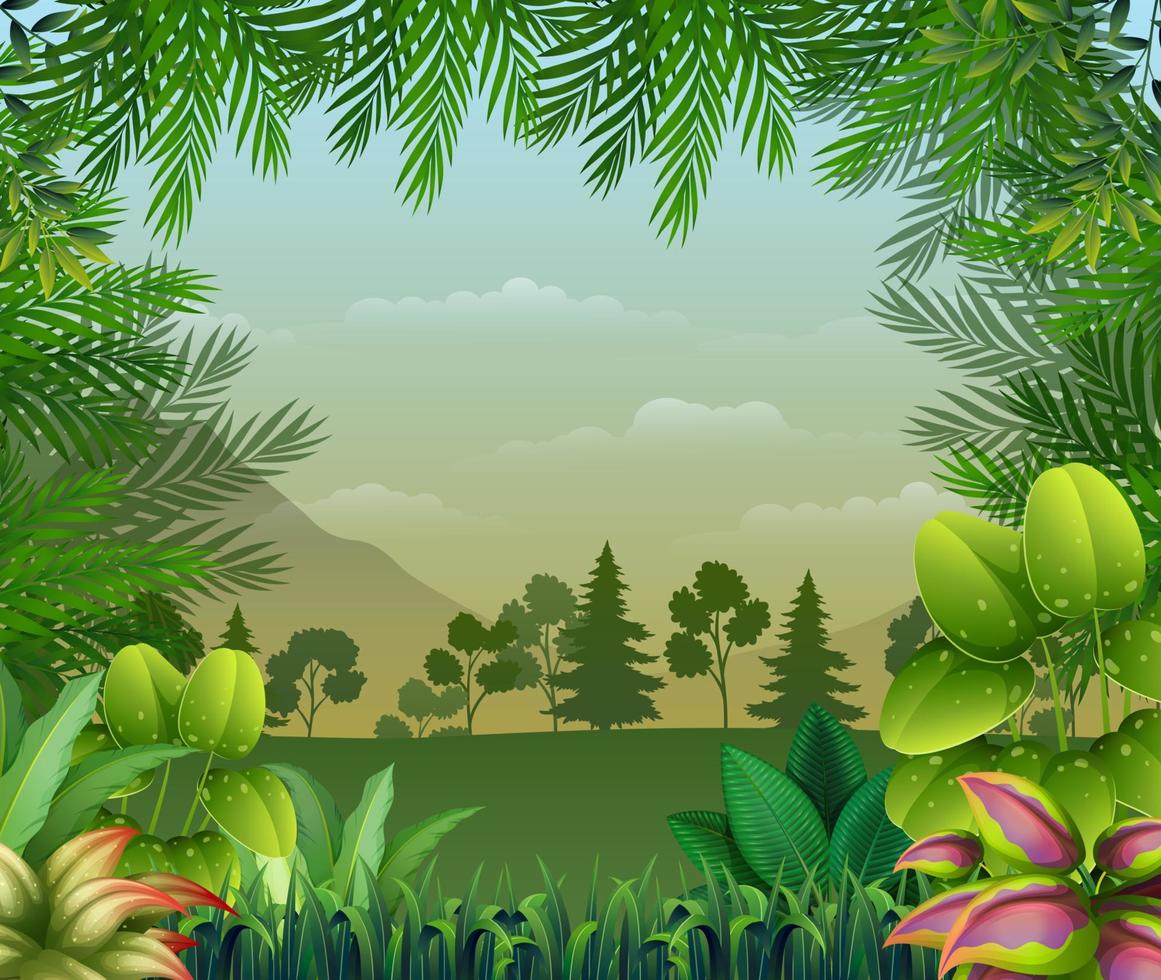 sfondo giungla tropicale con alberi e foglie vettore