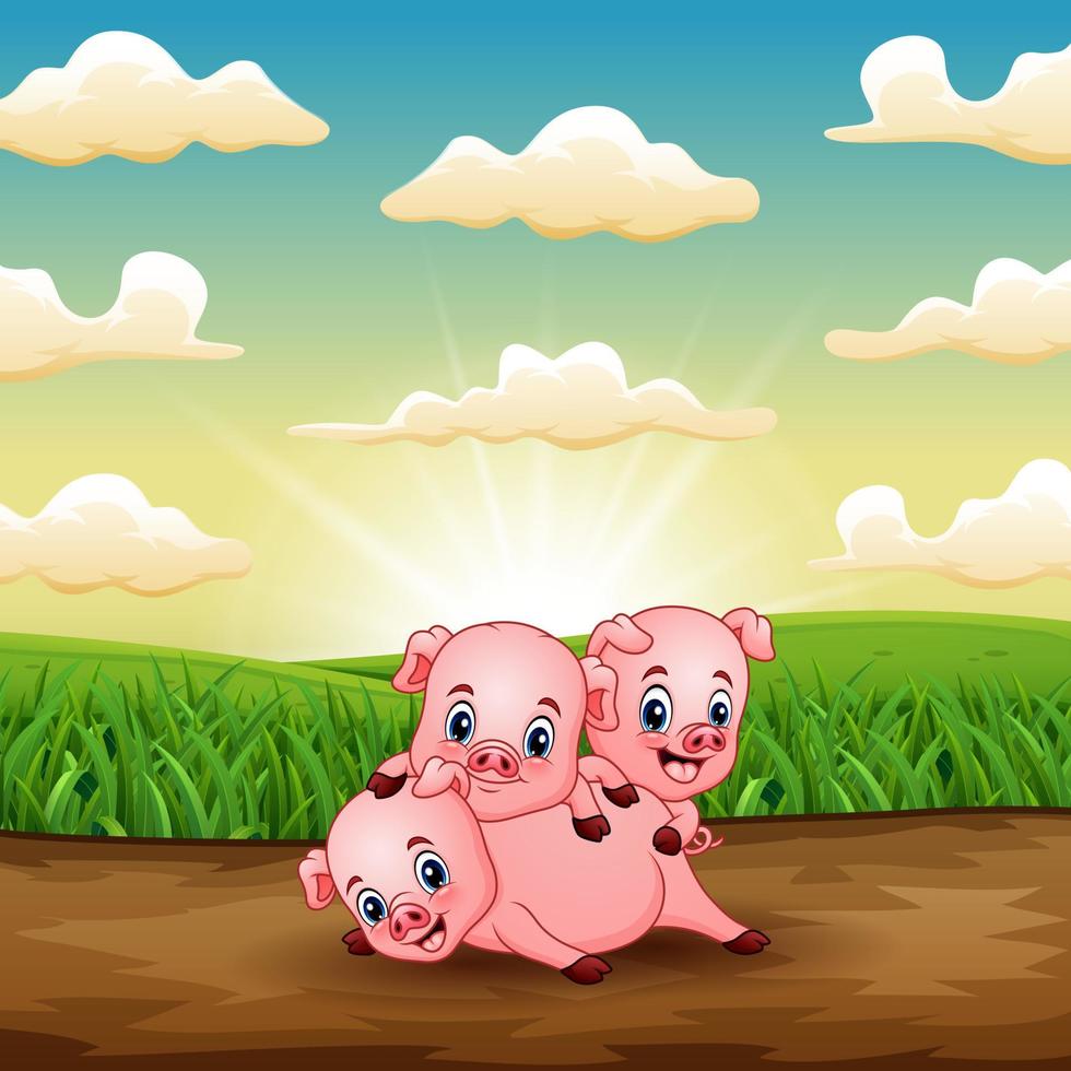 cartone animato tre porcellini che giocano sul campo all'alba vettore