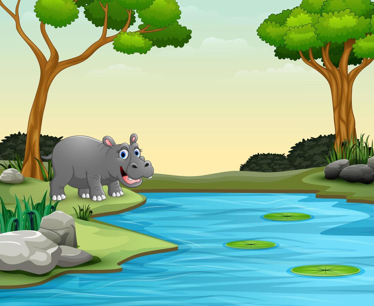 il fumetto dell'ippopotamo animale vuole nuotare in un lago vettore