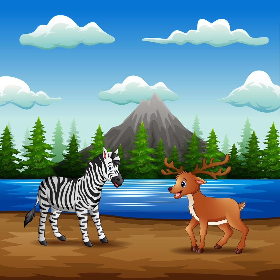 cartone animato di animali selvatici che si godono la natura sulla riva del fiume vettore