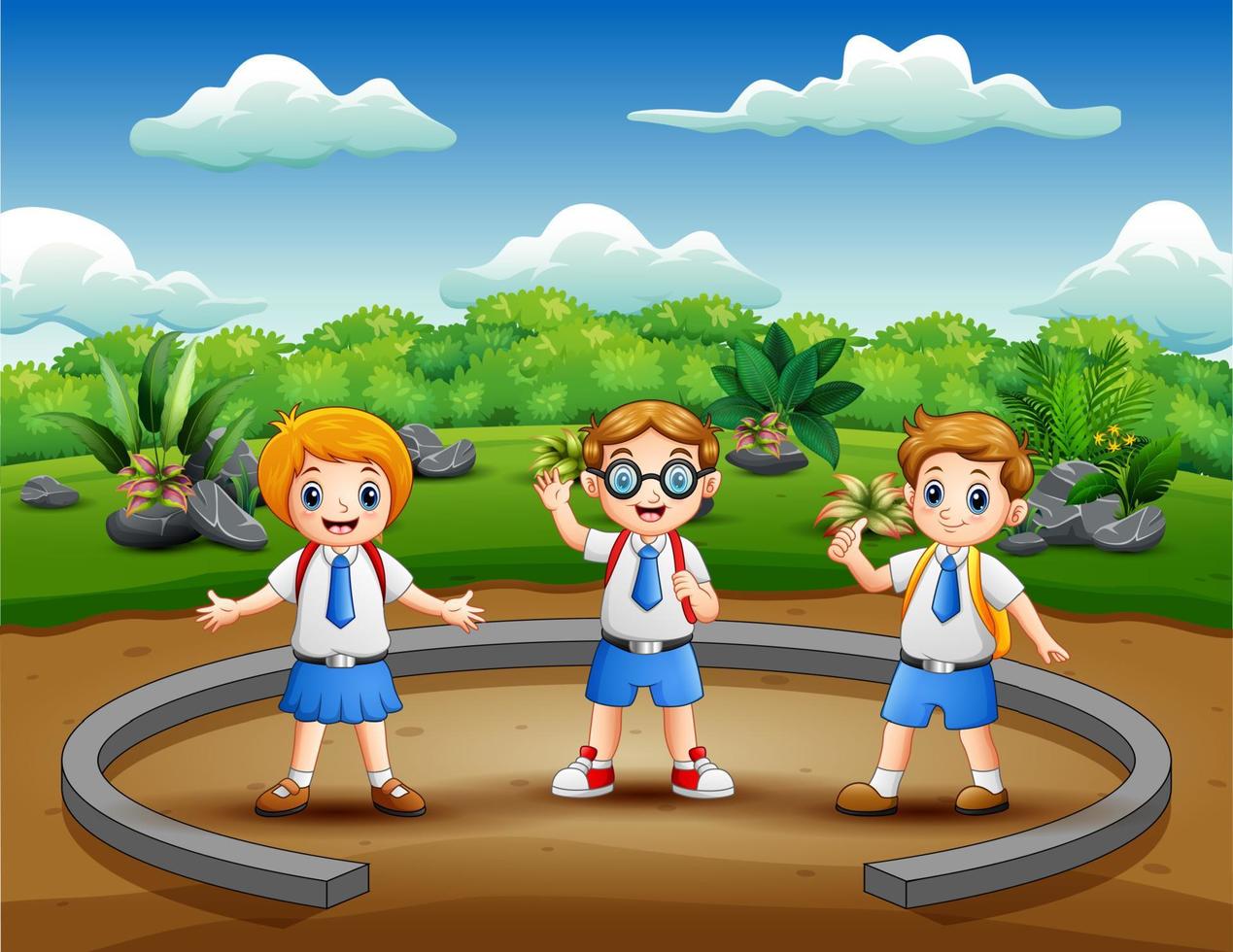 bambini delle scuole dei cartoni animati nel parco naturale vettore