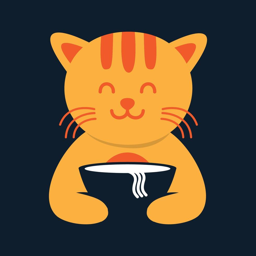 animali domestici gatti gattino gattino con ciotola di noodle cibo carino logo vettore icona design