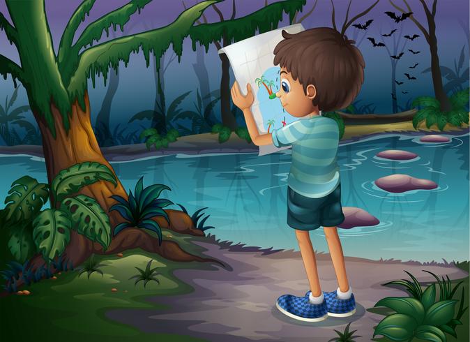 Un ragazzo con una mappa in piedi nel mezzo della foresta vettore