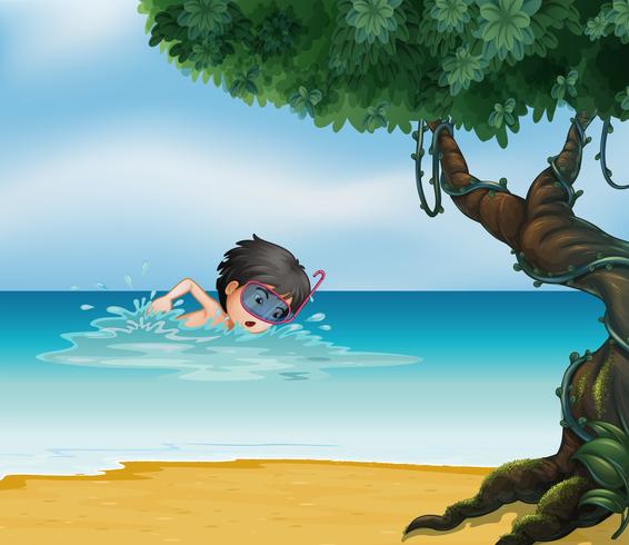 Un ragazzo che nuota vicino a un vecchio albero vettore