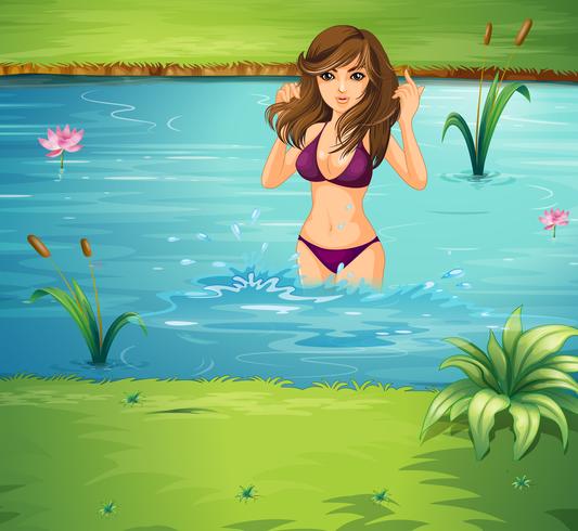 Una ragazza che nuota allo stagno vettore