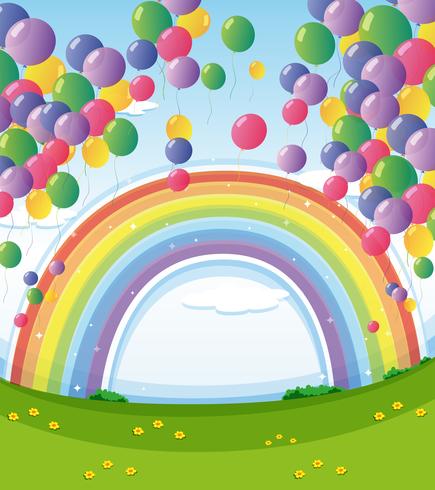 Un cielo con un arcobaleno e un gruppo di palloncini galleggianti vettore