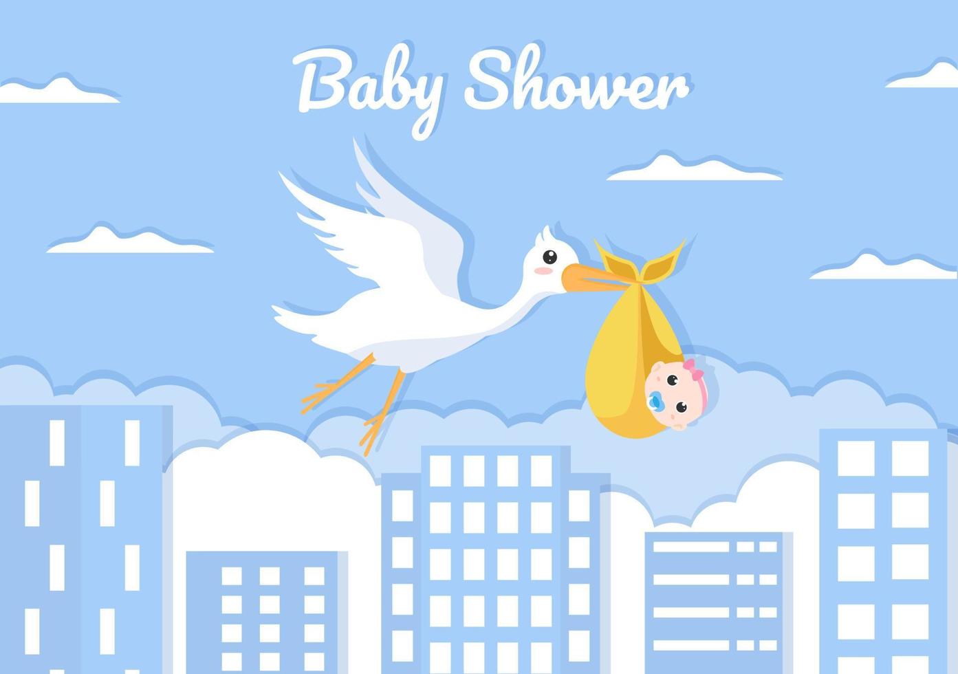 baby shower ragazzino o ragazza con cicogna design carino, illustrazione sfondo nuvola per invito e biglietto di auguri vettore