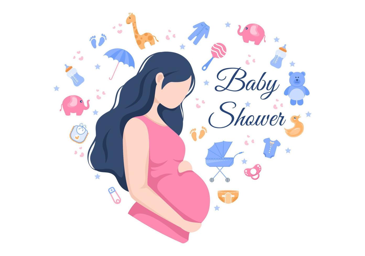 baby shower ragazzino o ragazza con design carino giocattoli e accessori neonati sfondo illustrazione per invito e biglietti di auguri vettore