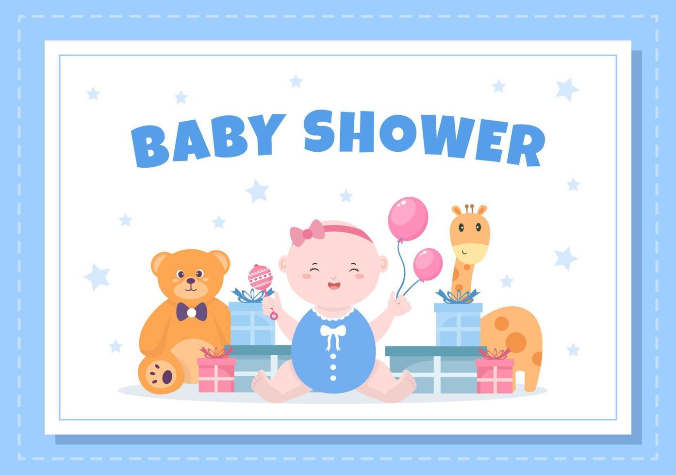 baby shower ragazzino o ragazza con design carino giocattoli e accessori neonati sfondo illustrazione per invito e biglietti di auguri vettore