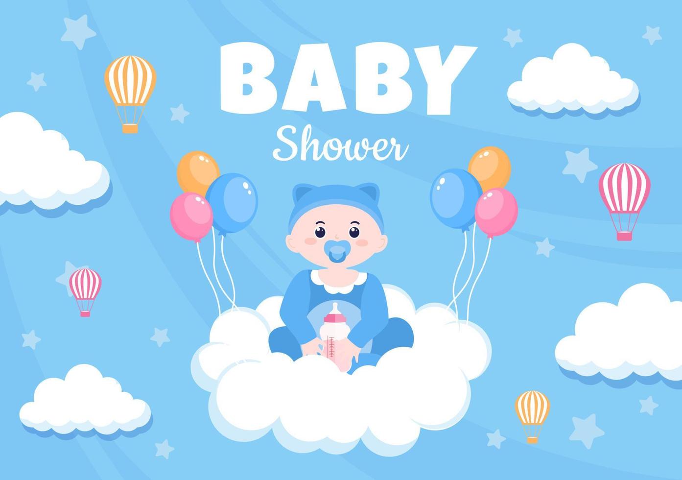baby shower ragazzino o ragazza con design carino giocattoli e accessori neonati sfondo illustrazione per invito e biglietti di auguri vettore
