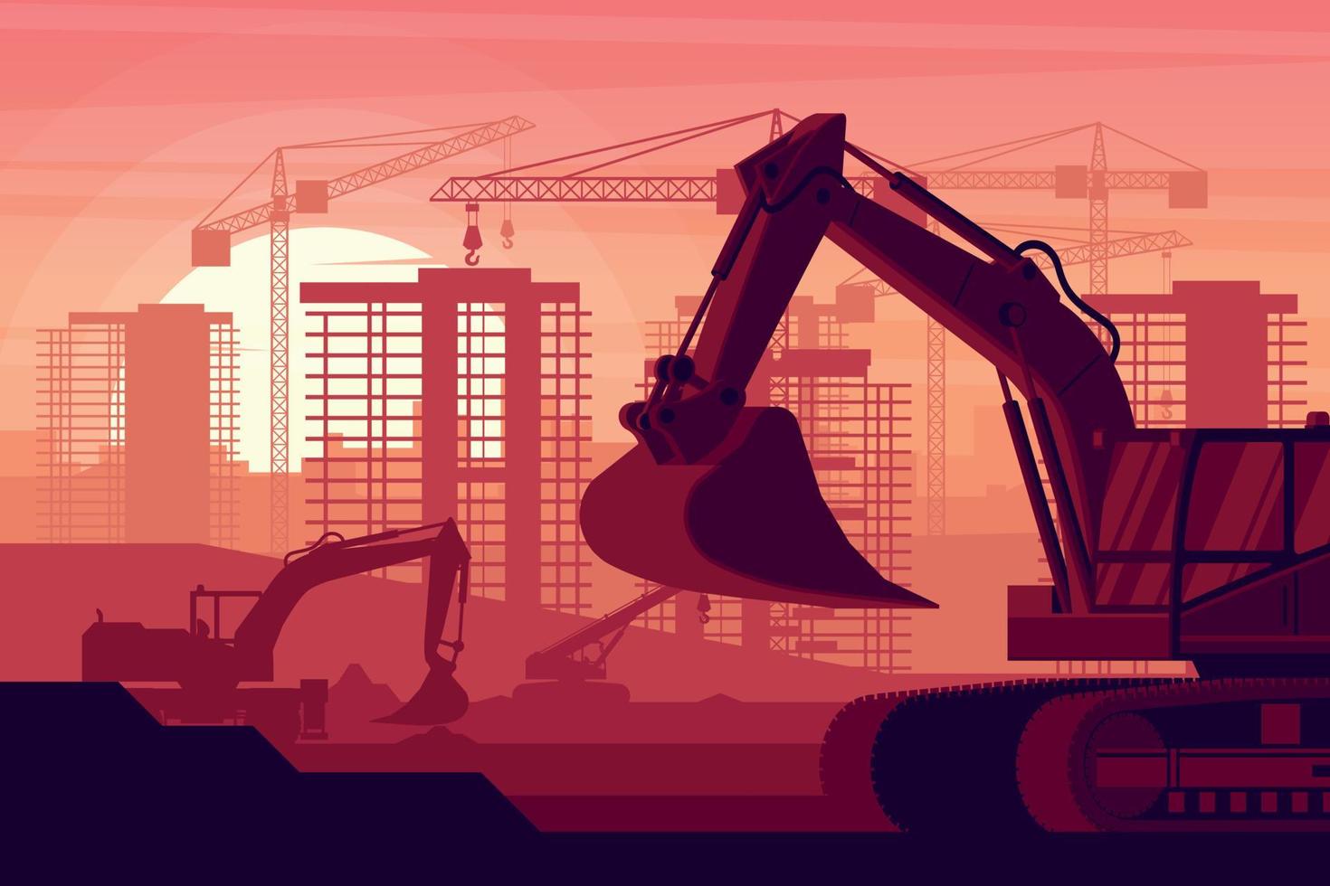 sfondo tramonto con macchinari pesanti e città in costruzione con escavatore, escavatore gommato, camion per calcestruzzo e gru telescopica vettore