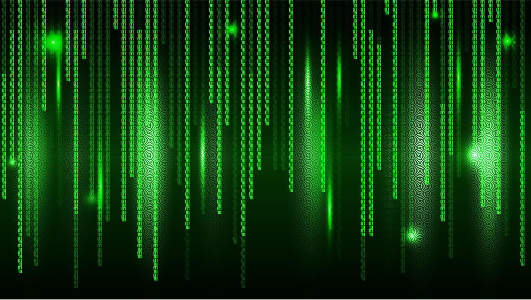 flussi verticali a matrice verde. carta da parati binaria verde scuro. codifica dei dati globali del computer. vettore