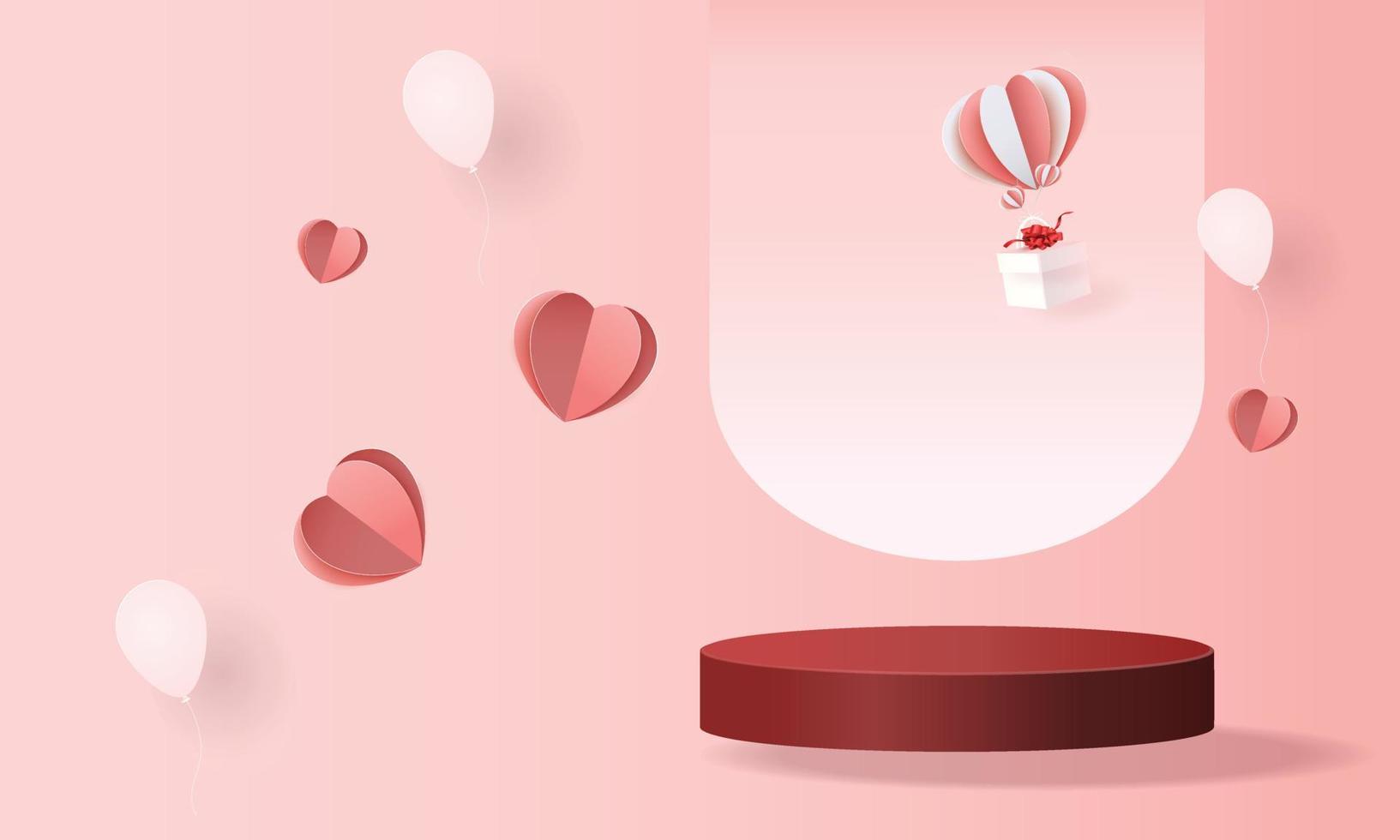 Fondo rosso del prodotto del podio 3d per la bandiera della decorazione di illustation di vettore di progettazione di concetto di romanticismo di amore di valentine.pink e del cuore