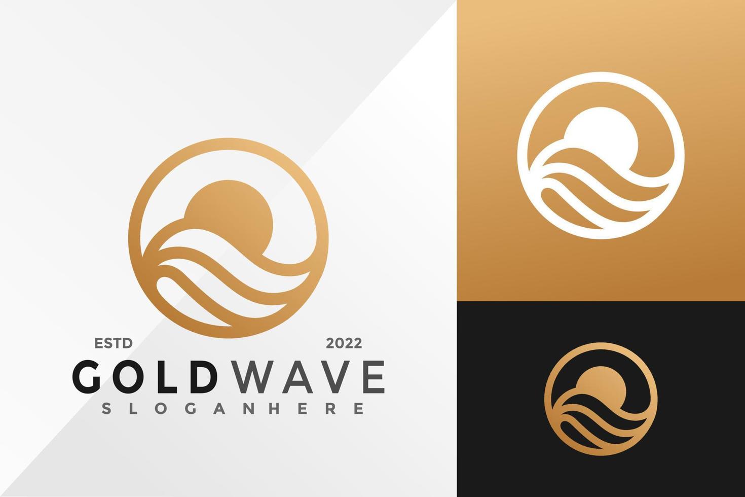 modello di illustrazione vettoriale di progettazione del logo di identità del marchio dell'onda dell'oceano d'oro