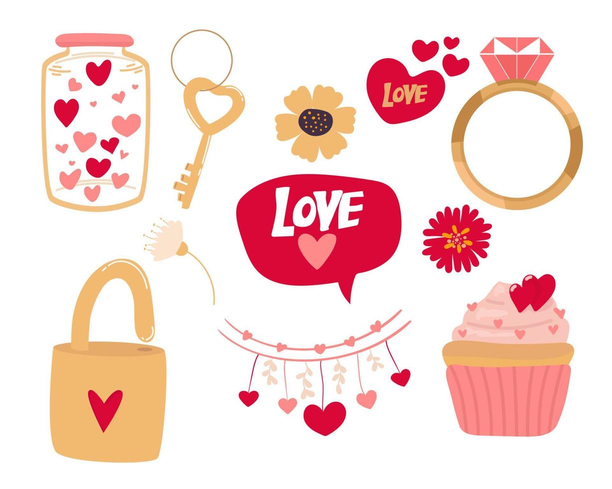 modelli di carte di San Valentino vettoriali. collezione regalo del 14 febbraio disegnata a mano. vaso con cuori, anello, torta, chiave, fiori di blocco, ciondolo vettore