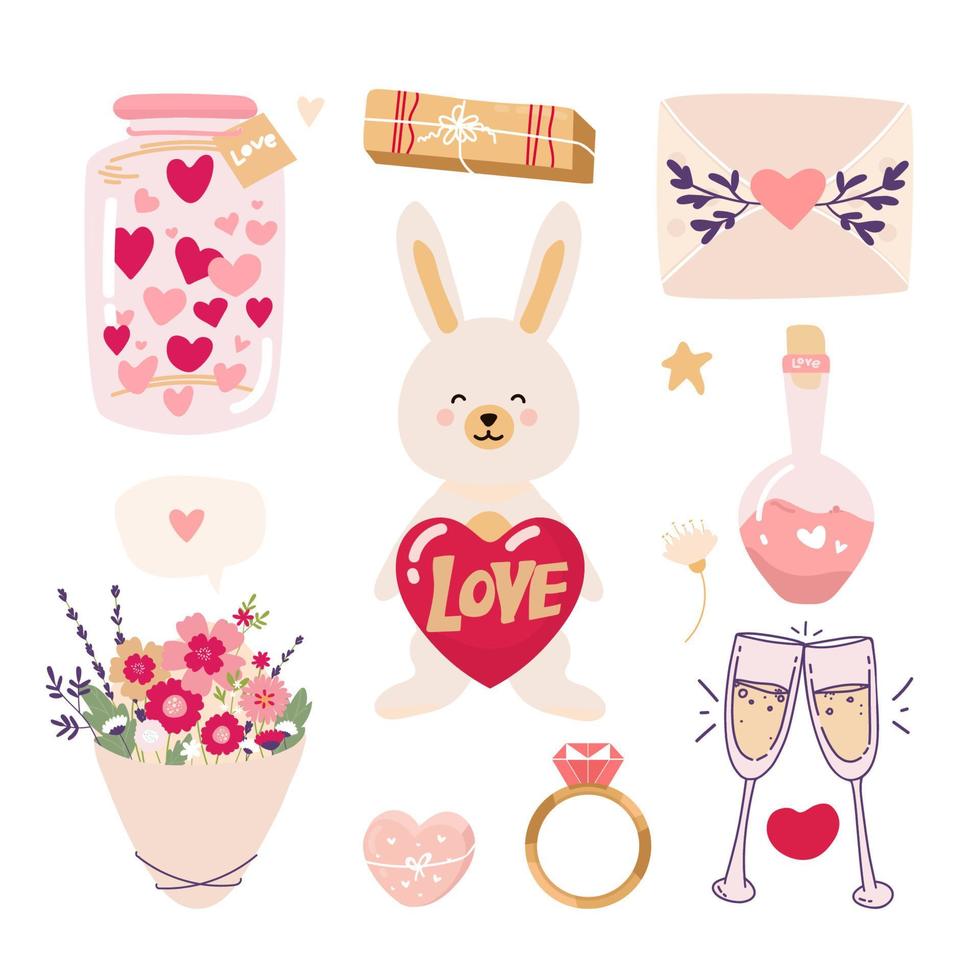 set di icone vettoriali piatte di san valentino disegnate a mano isolate su uno sfondo bianco scarabocchi di san valentino cuori, lepri, bouquet di fiori, pozione d'amore, anello, regali, lettera.