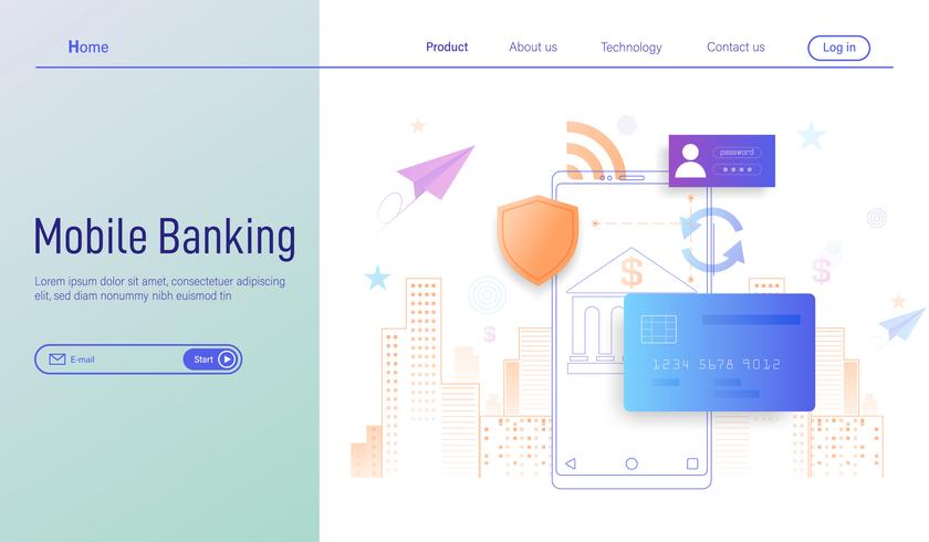 Concetto di design piatto moderno di mobile banking per pagina di destinazione, pagamento online e protezione di denaro nel vettore di transazioni smartphone.