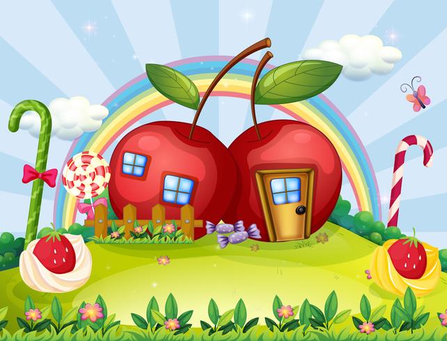 Una collina con due case di mele e un arcobaleno vettore