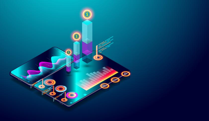 Analisi delle tendenze di business sullo schermo isometrico smartphone con grafici, tendenza del mercato e vettore di analisi finanziaria.