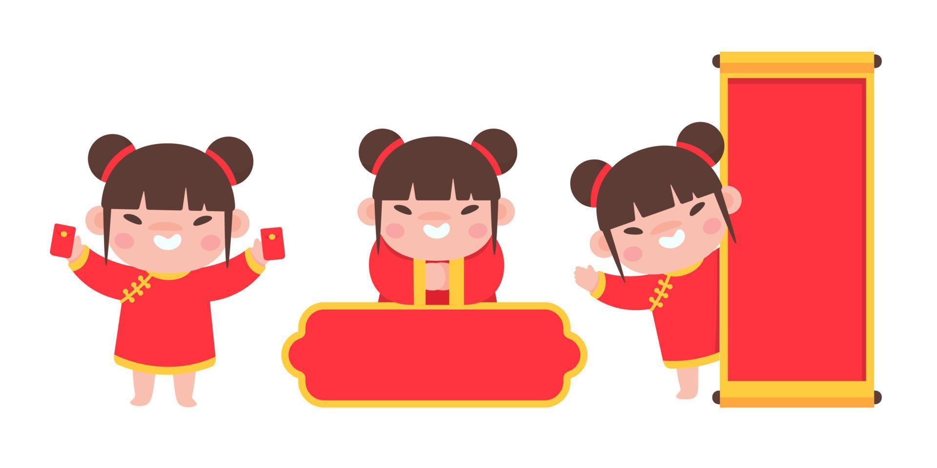 i bambini cinesi che indossano costumi nazionali rossi celebrano il capodanno cinese vettore