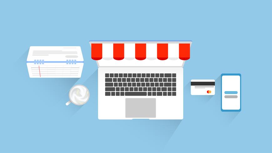 Shopping online e marketing di design di elementi piatti con posto di lavoro. illustrazione vettoriale