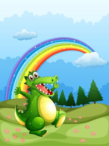 Un coccodrillo che cammina e un arcobaleno nel cielo vettore