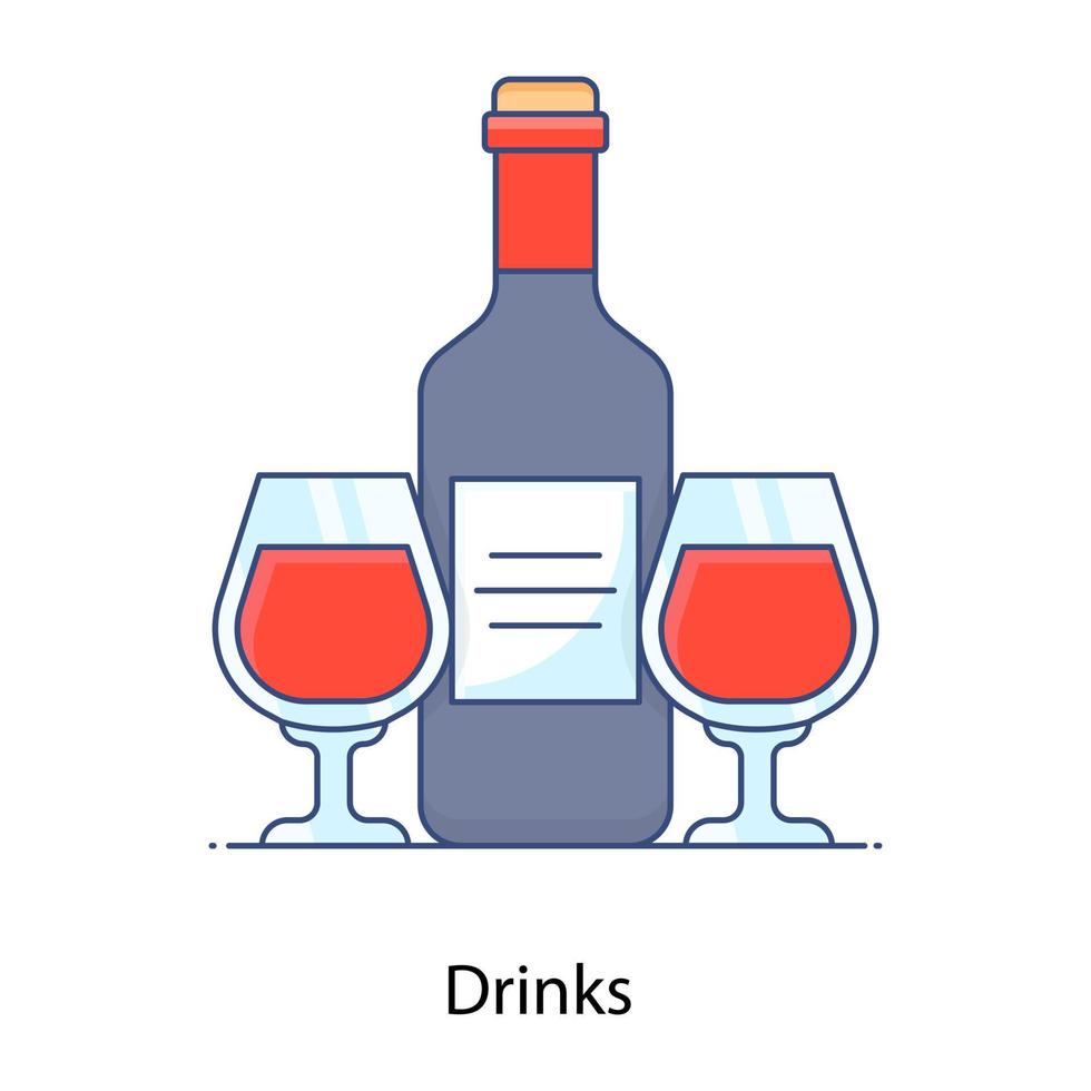 bottiglia di vino con bicchieri, icona di contorno piatto di bevande vettore