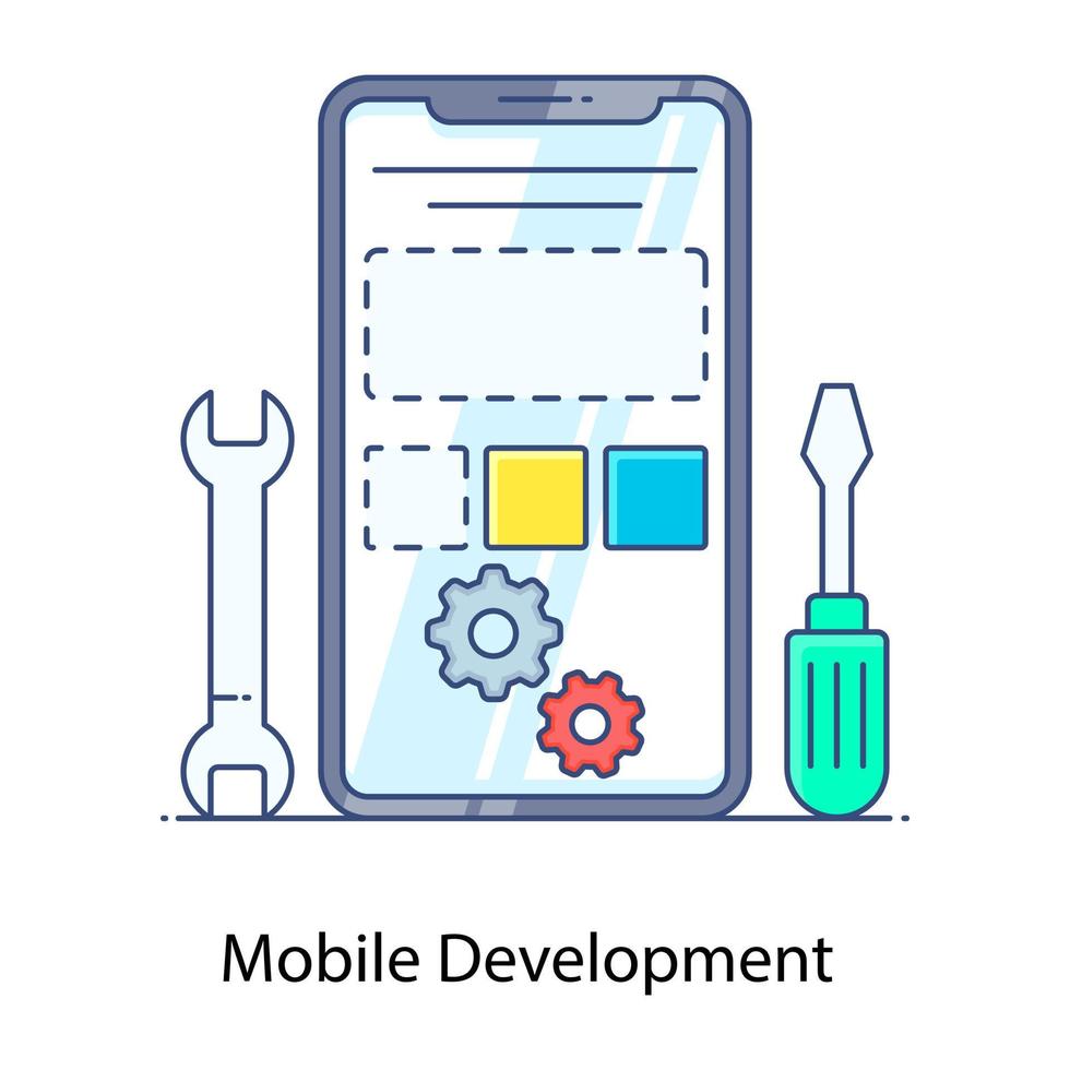 applicazione in via di sviluppo, icona del contorno piatto dello sviluppo mobile vettore