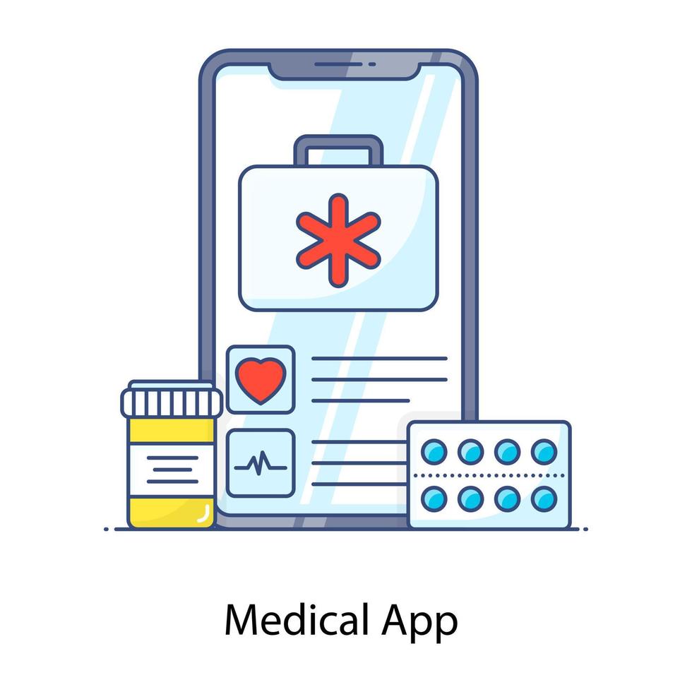 icona di contorno piatto di app medica, trattamento mobile vettore