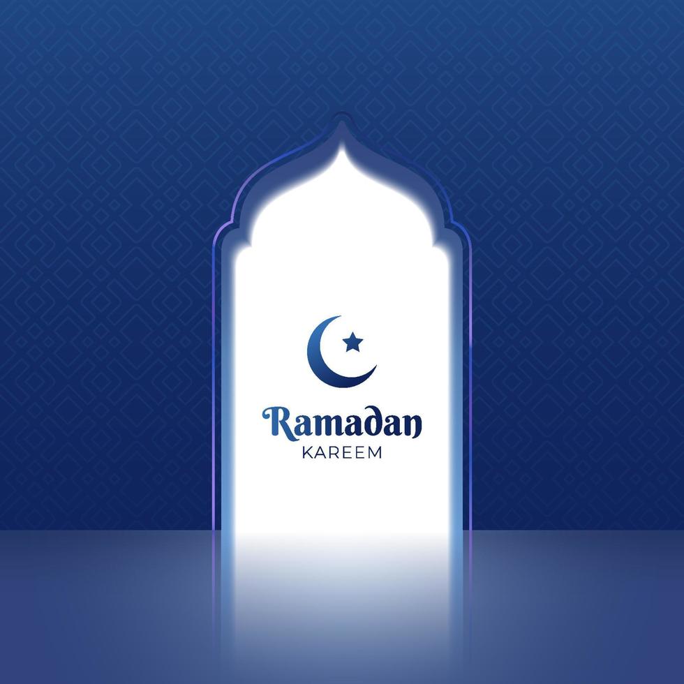bellissimo sfondo di ramadan kareem con luna crescente e stella. illustrazione della cartolina d'auguri islamica con la porta della moschea. porta della moschea con luce incandescente. illustrazione islamica della porta verso il paradiso vettore