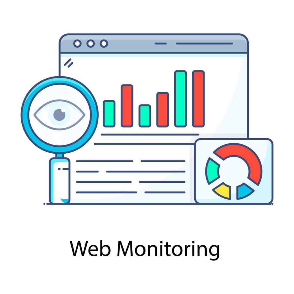grafico a barre sulla pagina web con occhio e lente di ingrandimento che denotano l'icona di monitoraggio web vettore