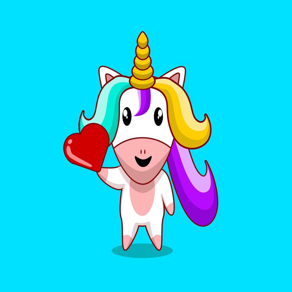 unicorno simpatico cartone animato con amore o vettore di cuore