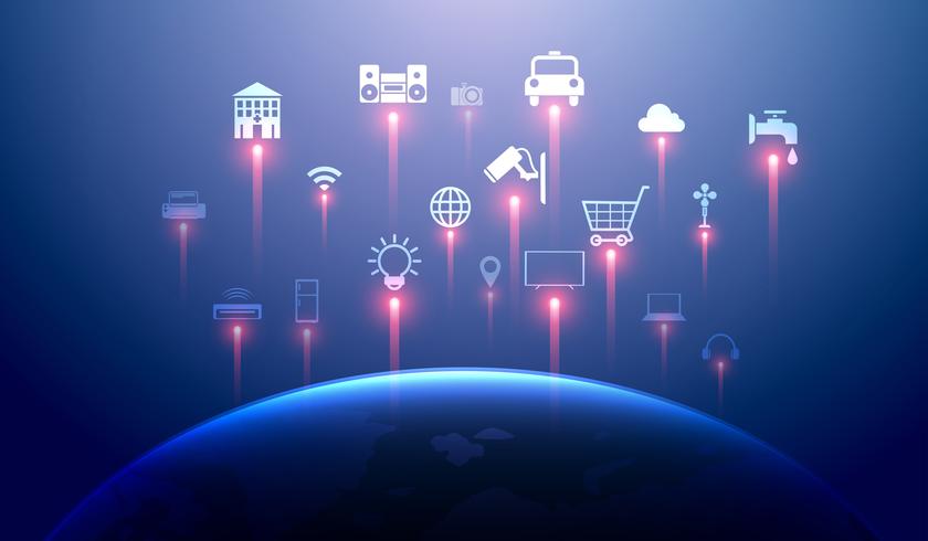 Internet of things (iot) e concetto di casa intelligente. La rete 5g e il cloud computing connettono i dispositivi wireless globali tra loro Vector