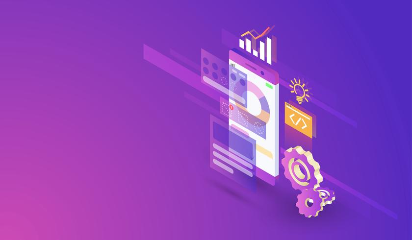 Sviluppo di applicazioni mobili processo moderno design isometrico, mobile app e vettore di interfaccia.