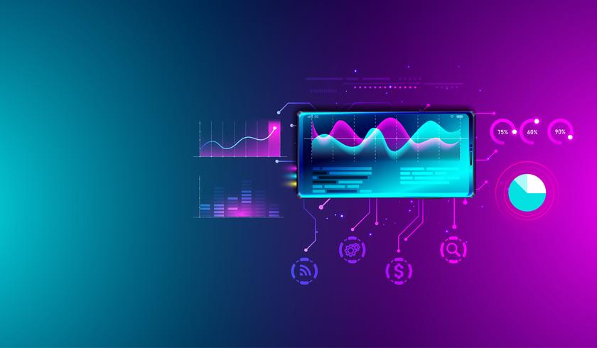 Analisi statistiche finanziarie su smartphone con grafici, pianificazione aziendale, ricerca, strategia di marketing e analisi del sistema di analisi dei dati. Vettore