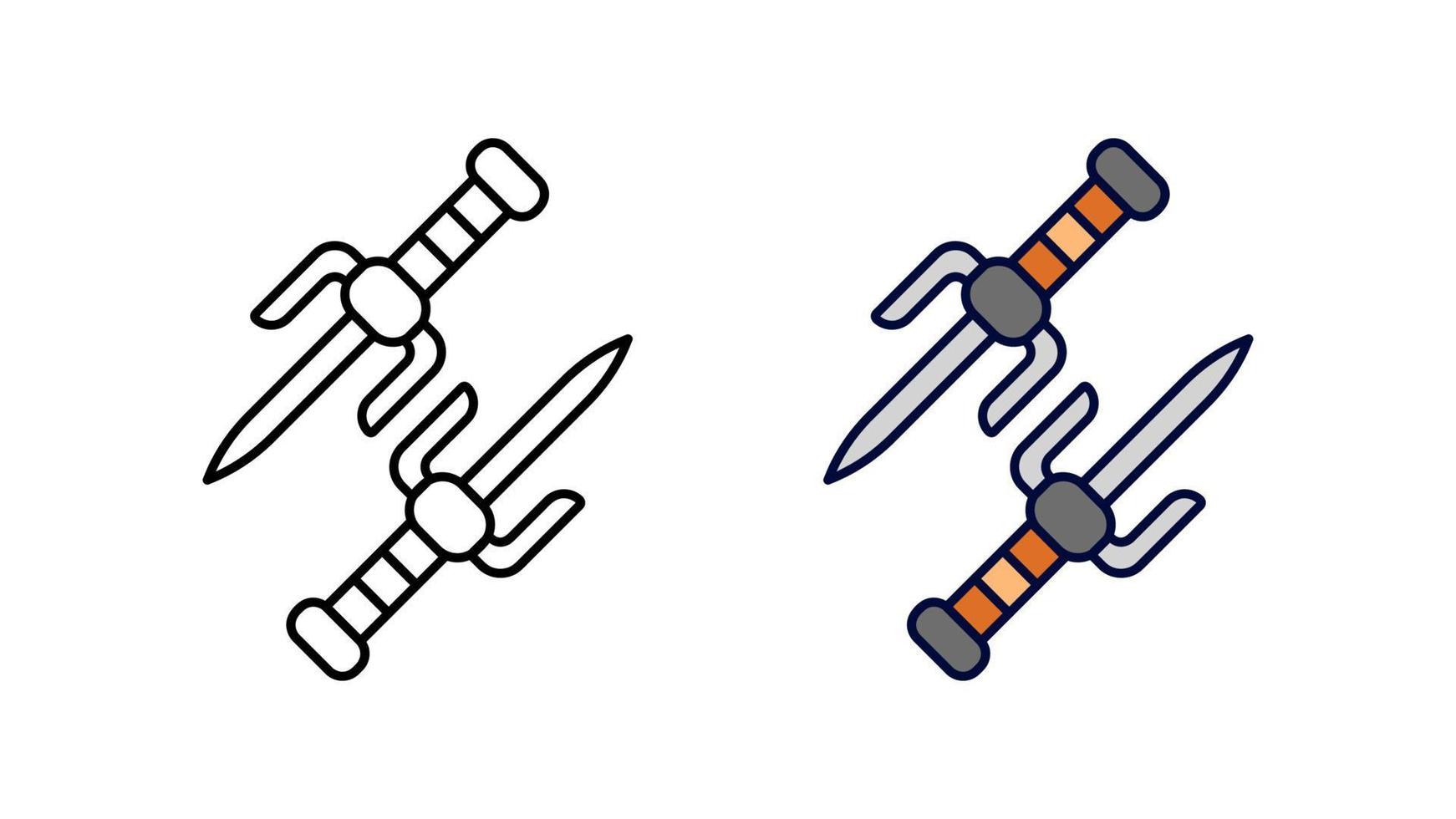 pugnale da lancio ninja e set di icone di coltello colorato. set di icone lineari collezione speciale coltello a mano. scarica il vettore relativo all'incontro di guerra creativo. sfondo bianco.