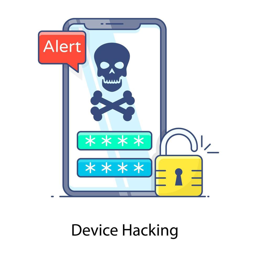 teschio con ossa incrociate all'interno dello smartphone, icona di hacking del dispositivo vettore