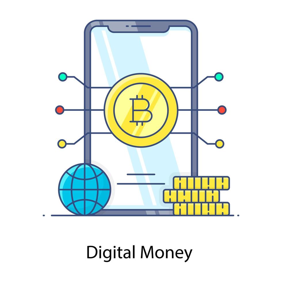 app mobile che mostra denaro digitale in un vettore di contorno piatto