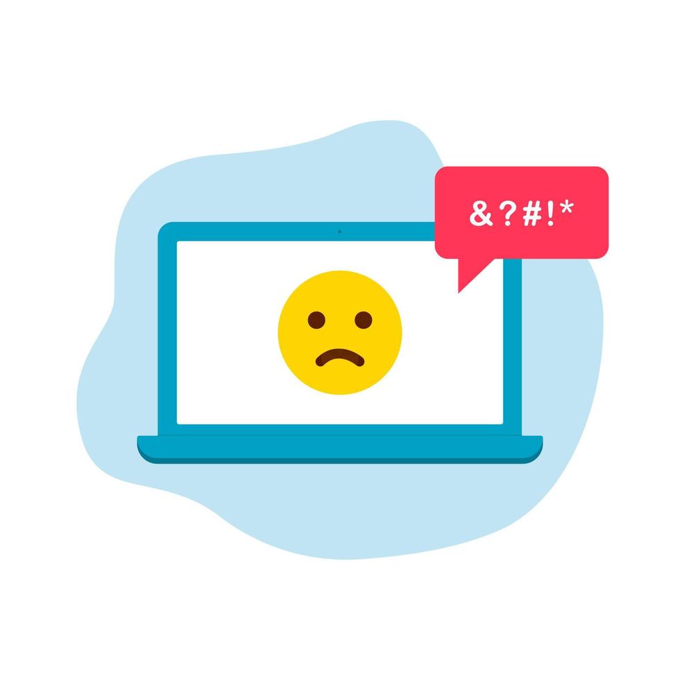 icona di cyberbullismo. vittima di cyberbullismo. emoji triste gialla. concetto di abuso, odio online, giuramento e insulto online. icona della chat online di cyberbullismo sul computer portatile. illustrazione vettoriale. vettore