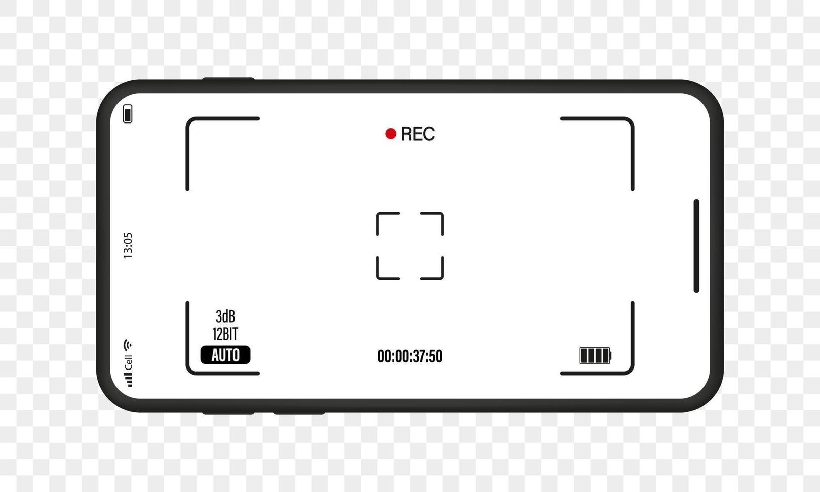 messa a fuoco del mirino della fotocamera. schermo di messa a fuoco della fotocamera sullo smartphone. mirino dell'interfaccia con le impostazioni della fotocamera digitale sul telefono cellulare su sfondo trasparente. illustrazione vettoriale. vettore