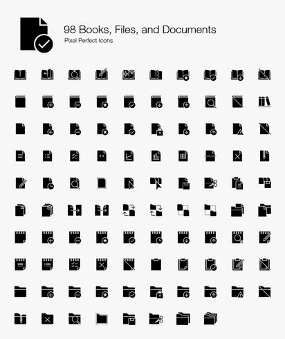 98 Libri, file e documenti Icone perfette pixel (stile pieno). vettore