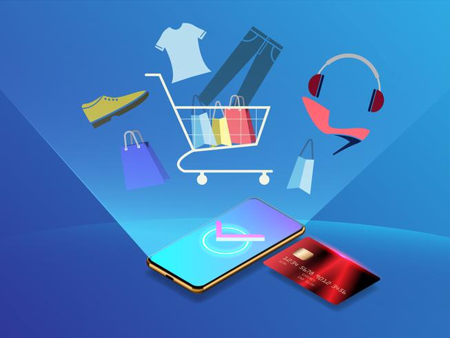 Vettore di shopping online con il concetto di carta di credito, marketing mobile e design minimale e-commerce.