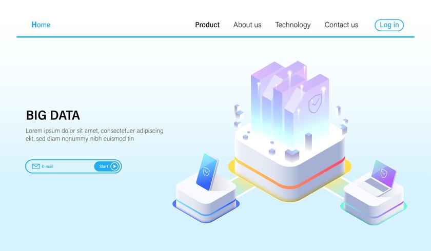 Isometrico di Big data processing e concetto di server di hosting di dati, datacenter, tecnologia blockchain e cloud storage online Vector. vettore