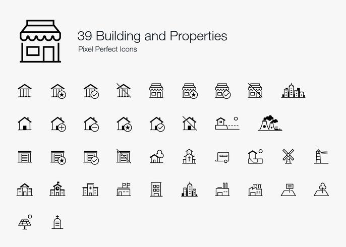 39 Stile di linea per icone di pixel perfetti per edifici e proprietà. vettore