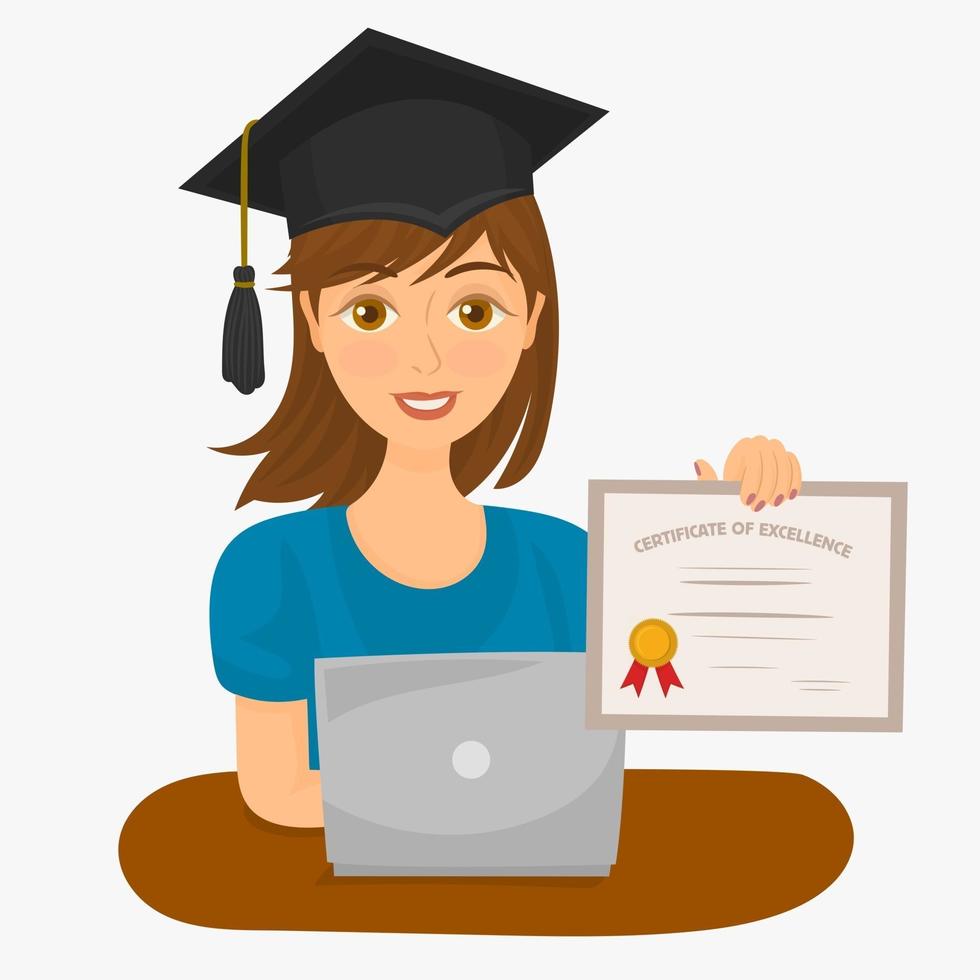 personaggio ragazza carina in berretto laureato con laptop. università, studenti universitari, corsi online. istruzione in linea vettore