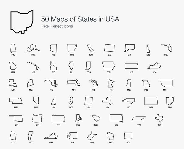 Tutti e 50 gli Stati USA Mappa Pixel Perfect Icons (Stile della linea). vettore