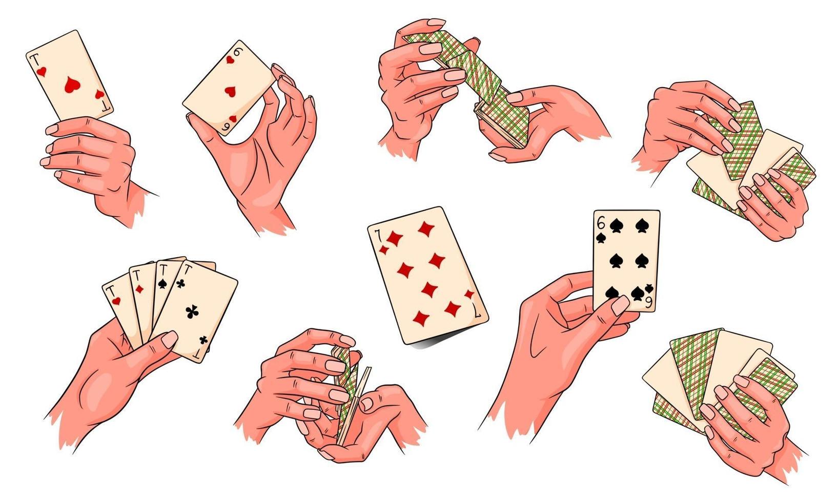 gioco d'azzardo. carte da gioco in mano. casinò, fortuna, fortuna. grande insieme. stile cartone animato. vettore
