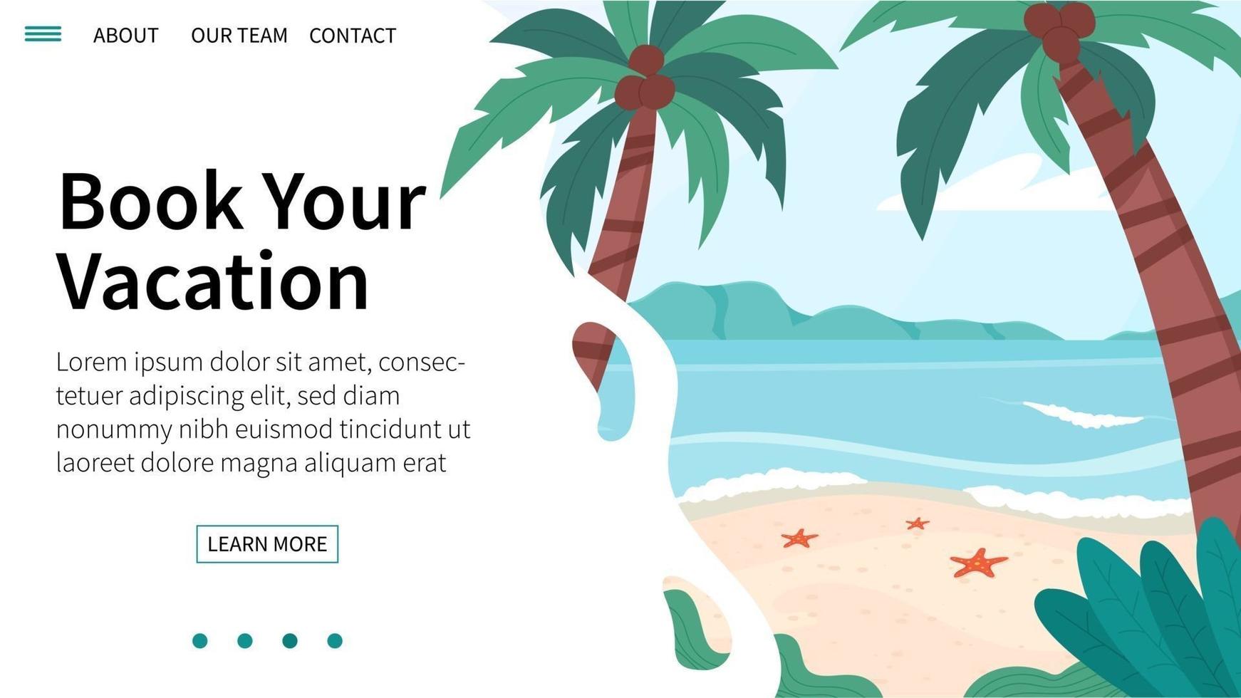 pagina di destinazione vettoriale con paesaggio estivo. concetto di viaggio, prenotazione di hotel, vacanza. banner web con mare, spiaggia e palma.