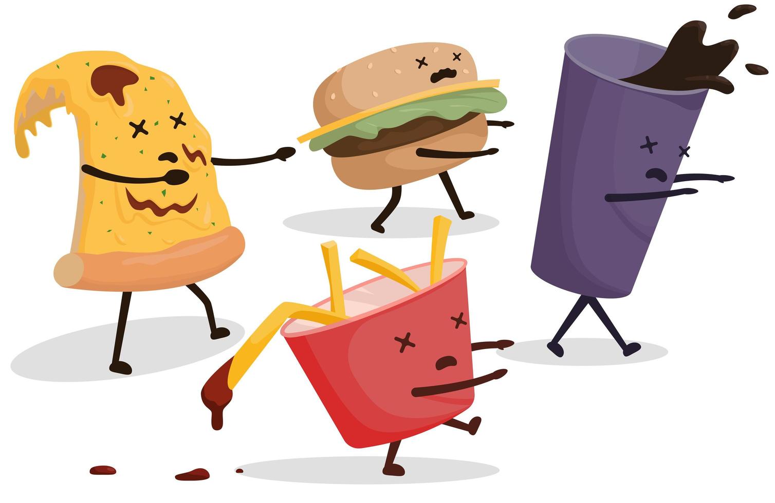 fast food zombie, pizza, bibite gassate, patatine fritte, hamburger vettore